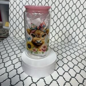 Floral Cow Design Glass Jar with Pink Lid